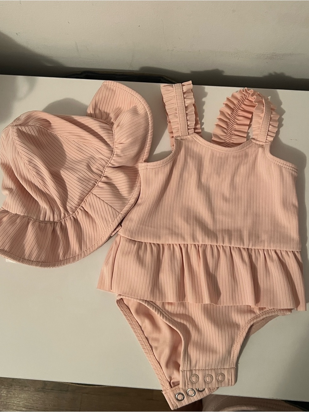 Carter’s Peach Pink Ribbed Ruffle Baby One-Piece + Matching Hat - Picture 2 of 4